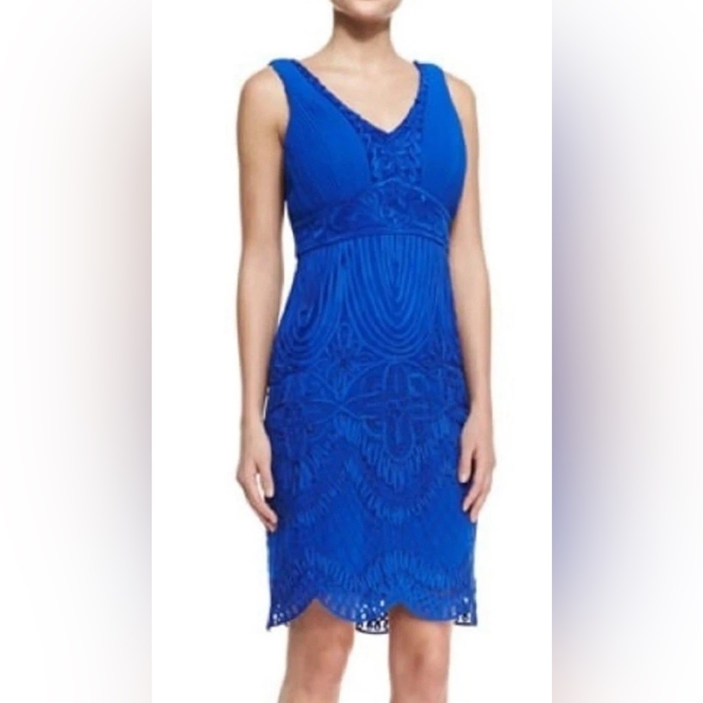 Sue Wong Blue Halter Sheath embroidered Midi Dress size 4 new